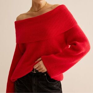 Red Off-the-Shoulder Foldover Knit Sweater – Long Sleeves